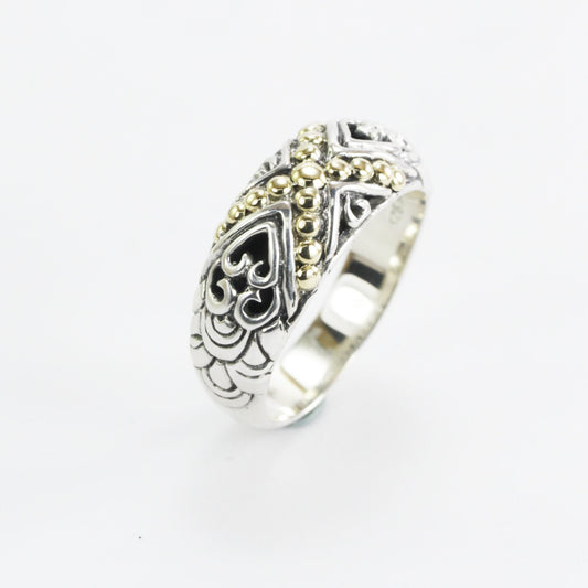 two tone ring for women 925 sterling silver decorated with antique art carving and 18K gold dot
