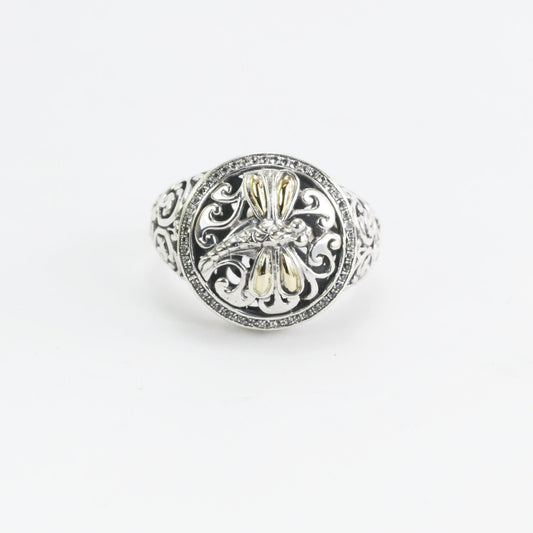 Dragonfly ring 925 sterling silver decorated with 18K Gold and genuine white topaz