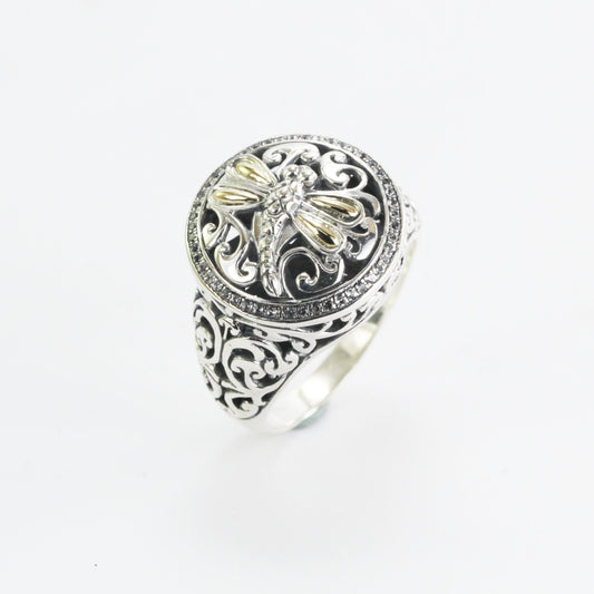Dragonfly ring 925 sterling silver decorated with 18K Gold and genuine white topaz