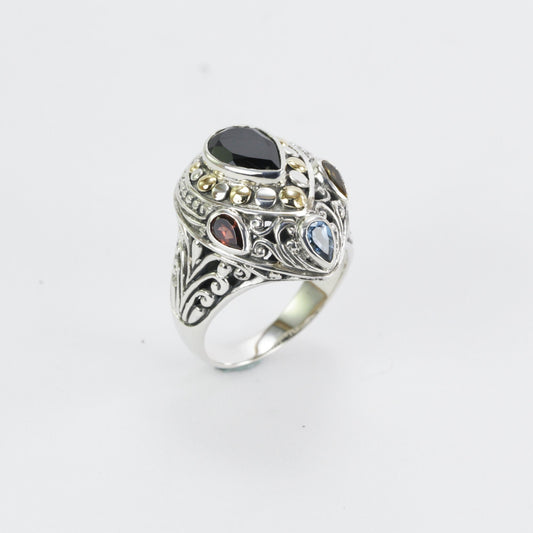 multi stone ring 925 sterling silver decorated with real 18K gold and handcrafted filigree art