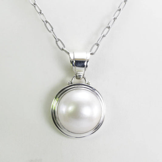 white mabe pearl pendant necklace 925 sterling silver double bezel set, sea pearl pendant