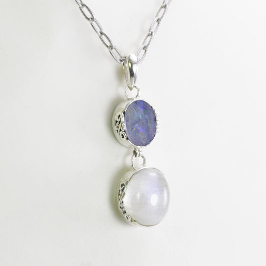 Australian fire opal pendant necklace with Genuine 12*13 oval rainbow moonstone bezel set in 925 sterling silver