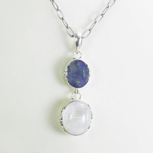 Australian fire opal pendant necklace with Genuine 12*13 oval rainbow moonstone bezel set in 925 sterling silver