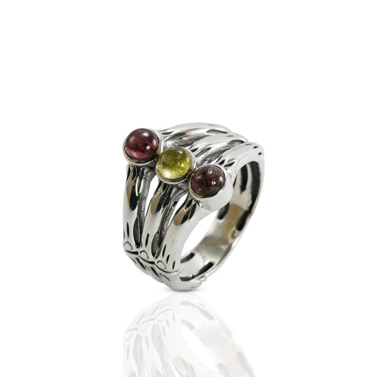 Three stones ring with 5mm multi color tourmaline set in handmade 925 sterling silver