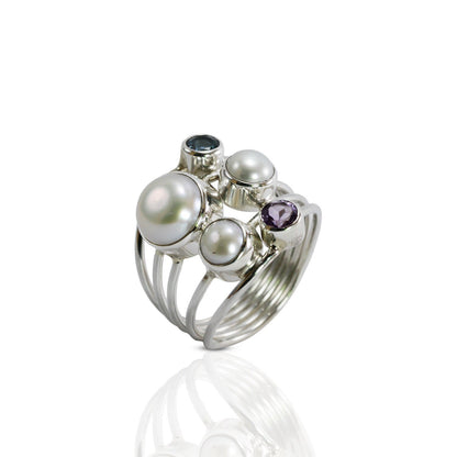 multi stone ring with amethyst, blue topaz, fresh water pearl set in 925 sterling silver handmade split shank style