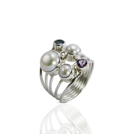 multi stone ring with amethyst, blue topaz, fresh water pearl set in 925 sterling silver handmade split shank style