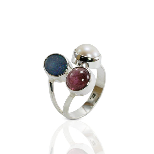 Three stone ring 925 sterling silver adjustable with Pink tourmaline, fire opal and white pearl set in split shank style