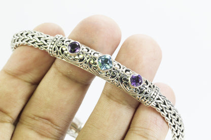 925 sterling silver bracelet 8.5" inch length decorated with genuine blue topaz and amethyst, woven chain bracelet