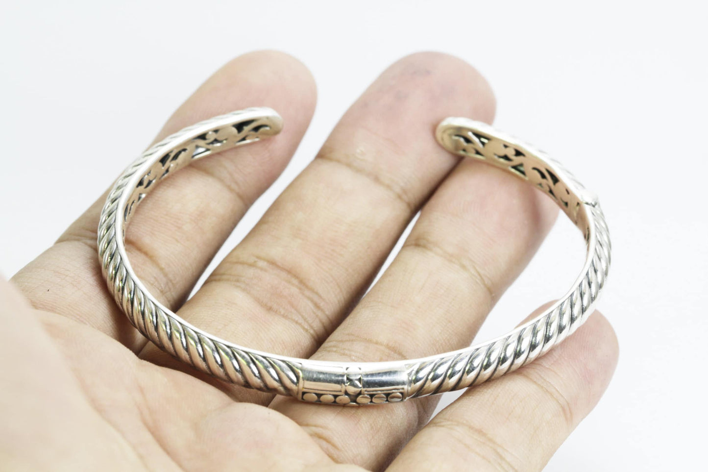 925 sterling silver Hinged Cuff Bangle Bracelet 7.5" inch decorated with cable style and cross carving art