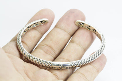 925 sterling silver Hinged Cuff Bangle Bracelet 7.5" inch decorated with cable style and cross carving art