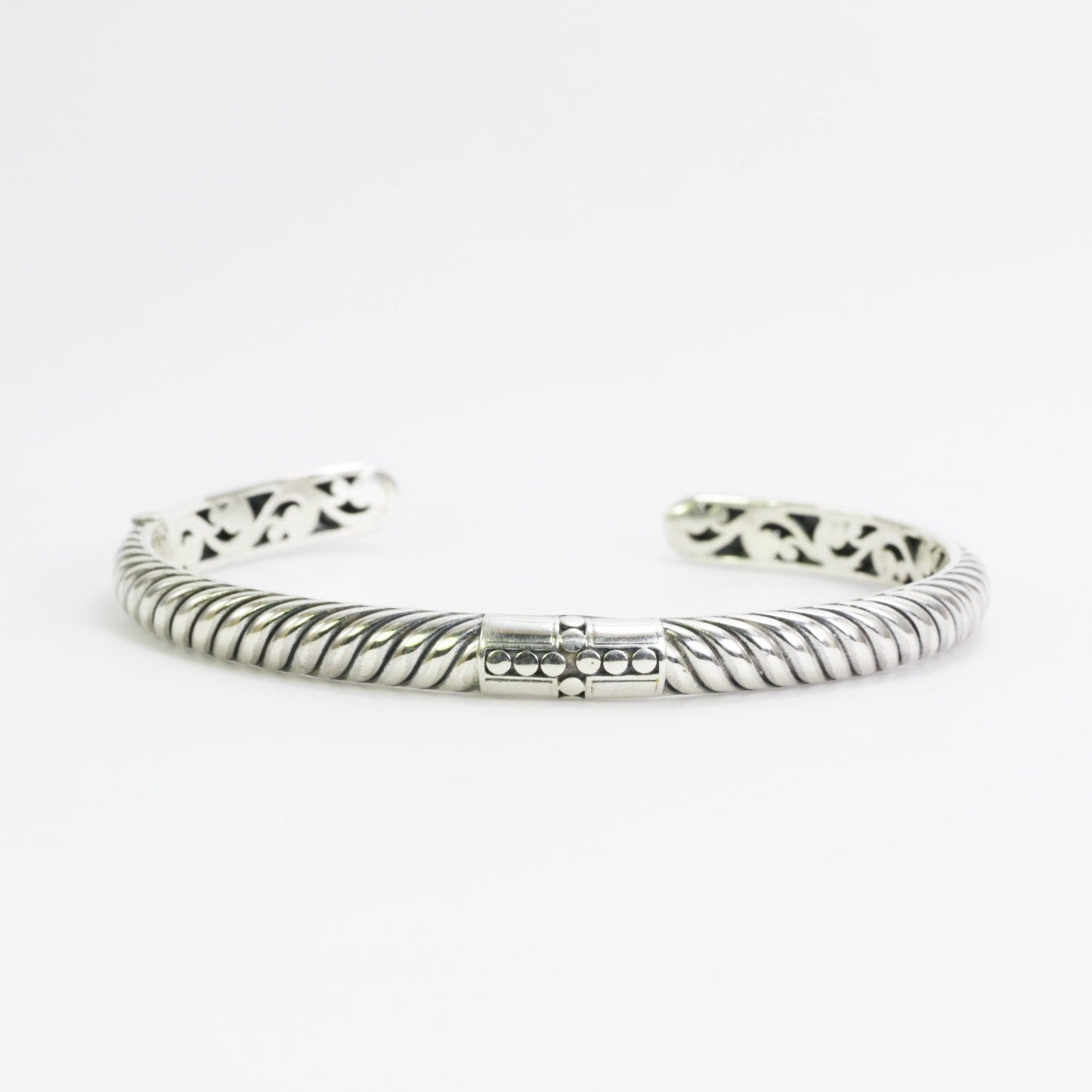 925 sterling silver Hinged Cuff Bangle Bracelet 7.5" inch decorated with cable style and cross carving art
