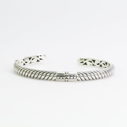 925 sterling silver Hinged Cuff Bangle Bracelet 7.5" inch decorated with cable style and cross carving art