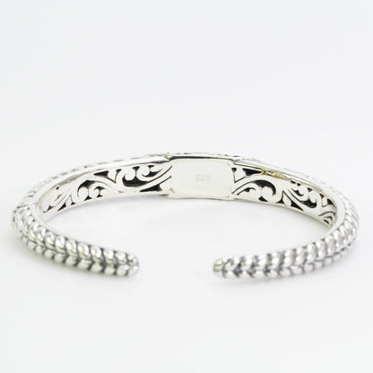Hinged Cuff Bangle Bracelet 925 sterling silver 7.5" inch decorated with Bali swirl filigree crown ornament art