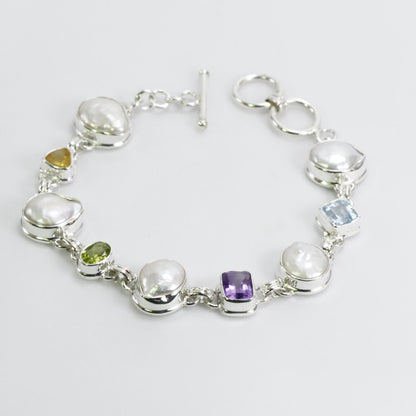 link bracelet 925 sterling silver with multi gems stone and natural Baroque Biwa Pearl with toggle lock