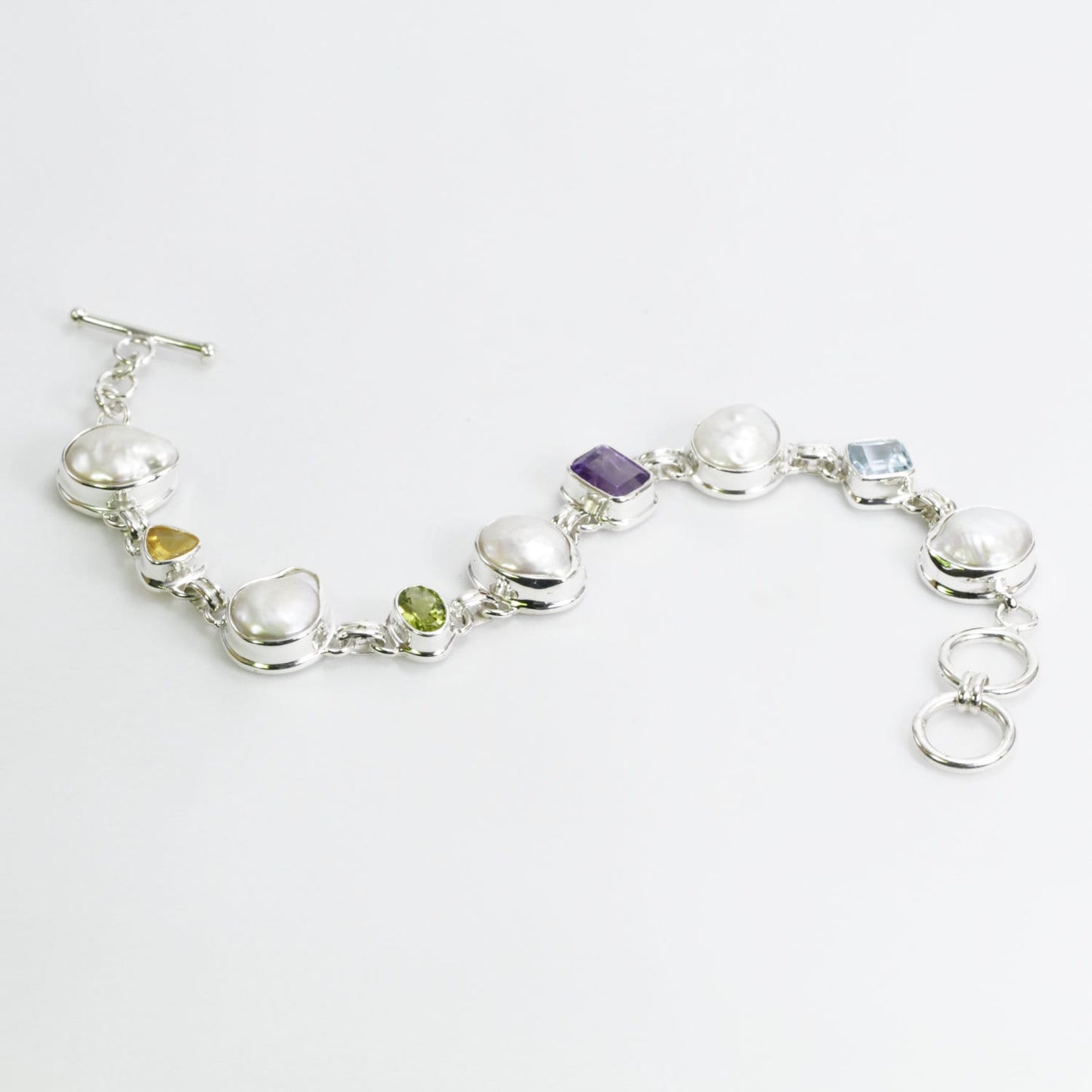 link bracelet 925 sterling silver with multi gems stone and natural Baroque Biwa Pearl with toggle lock