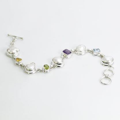 link bracelet 925 sterling silver with multi gems stone and natural Baroque Biwa Pearl with toggle lock
