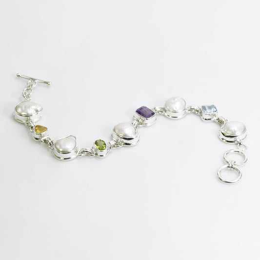 link bracelet 925 sterling silver with multi gems stone and natural Baroque Biwa Pearl with toggle lock