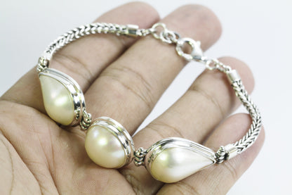 mabe pearl bracelet set in Handmade foxtail chain bracelet 7.5-8" inch 925 sterling silver and lobster clasp
