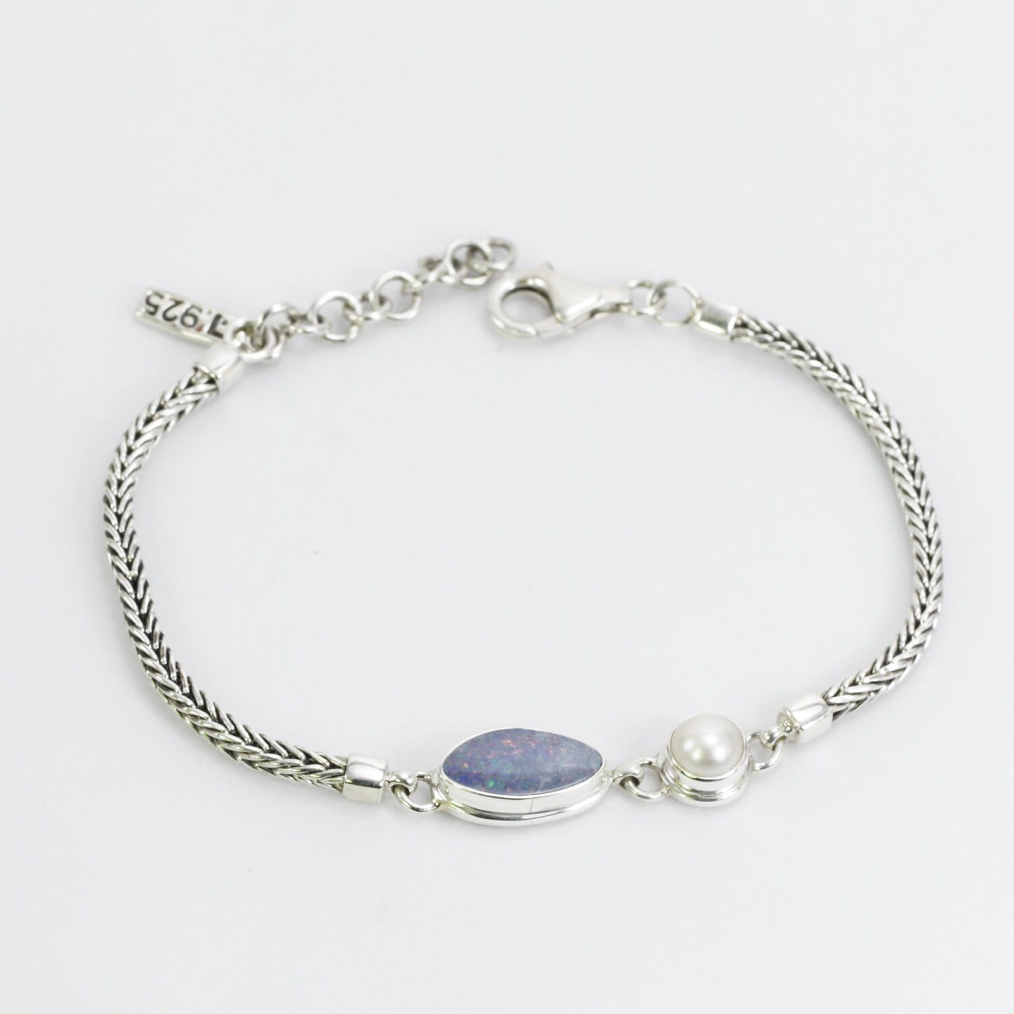 Opal bracelet 925 sterling silver 7-8" inch with freshwater pearl, foxtail bracelet
