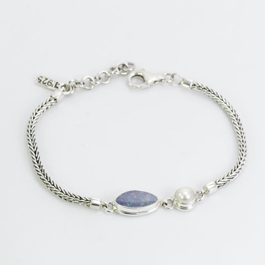Opal bracelet 925 sterling silver 7-8" inch with freshwater pearl, foxtail bracelet