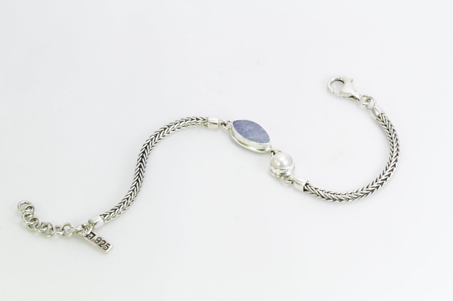 Opal bracelet 925 sterling silver 7-8" inch with freshwater pearl, foxtail bracelet