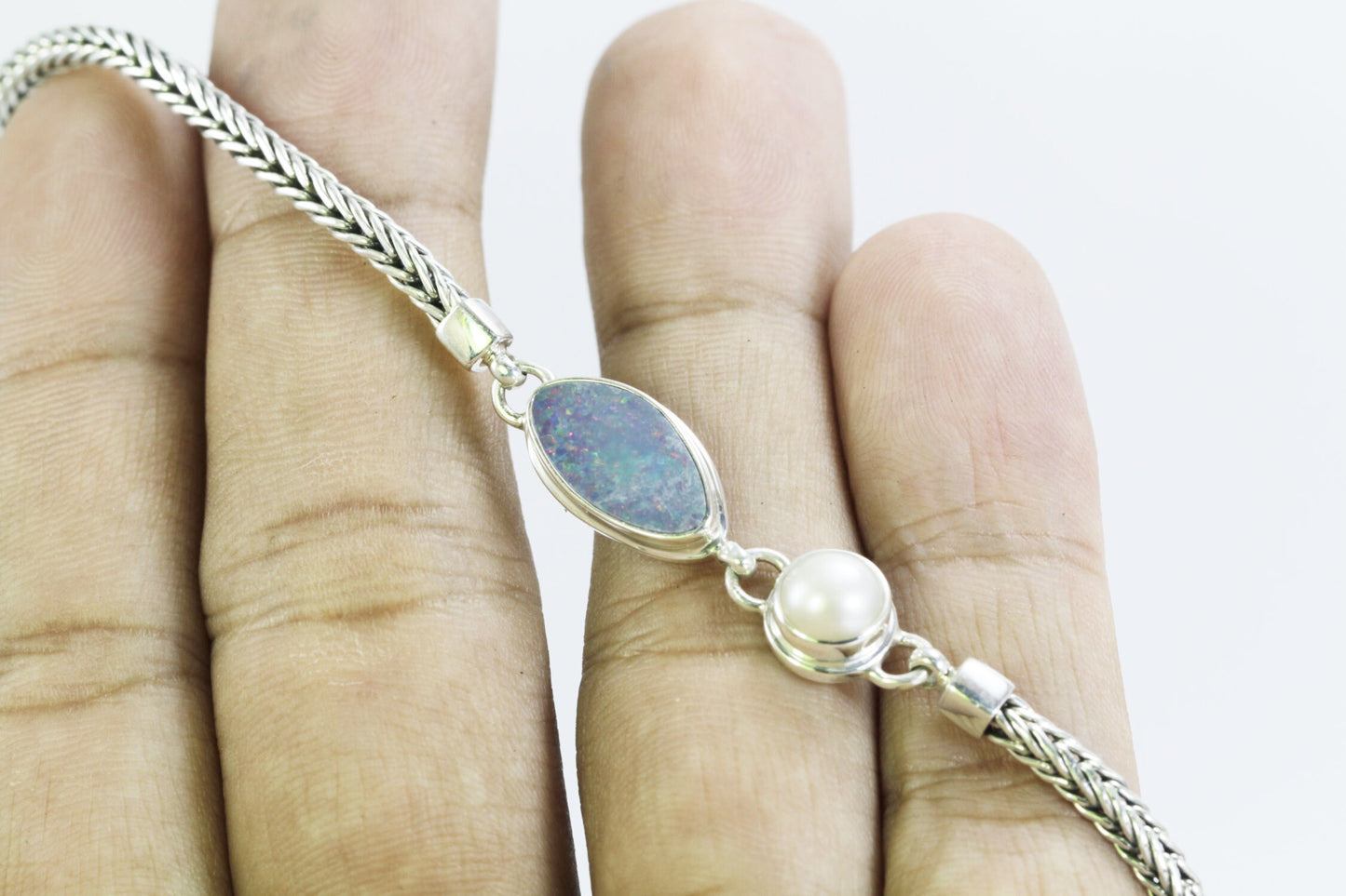 Opal bracelet 925 sterling silver 7-8" inch with freshwater pearl, foxtail bracelet