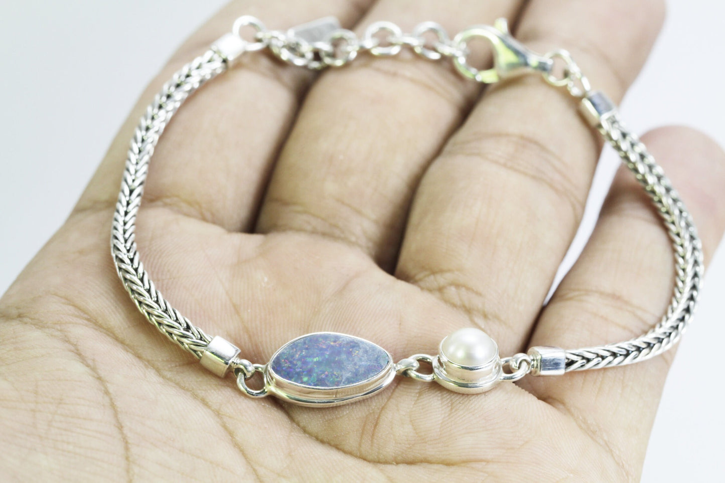 Opal bracelet 925 sterling silver 7-8" inch with freshwater pearl, foxtail bracelet