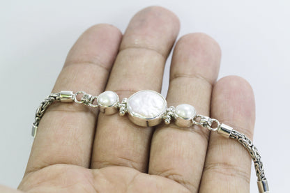 Byzantine chain bracelet 7.5"-9" inch with natural Baroque Biwa Pearl set in 925 sterling silver with lobster claw