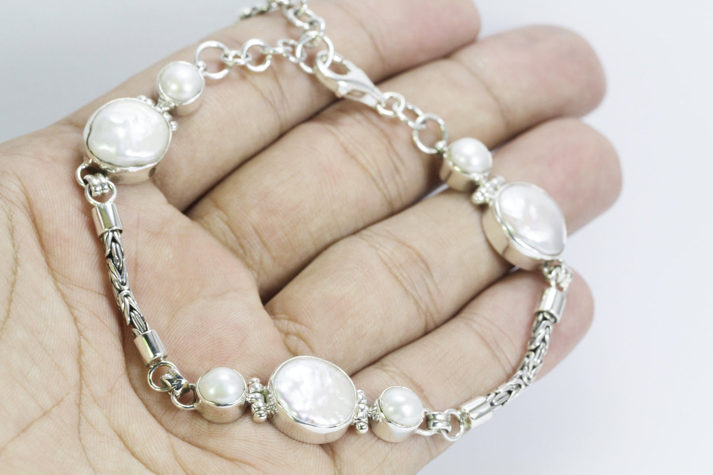Byzantine chain bracelet 7.5"-9" inch with natural Baroque Biwa Pearl set in 925 sterling silver with lobster claw