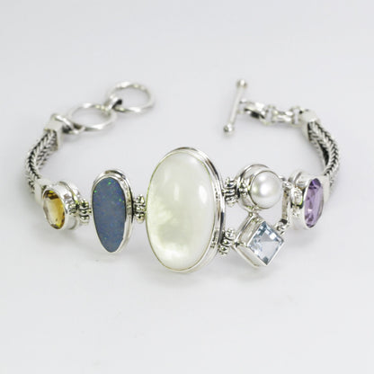 Multi Gems stones bracelet 7" inch 925 sterling silver foxtail chain