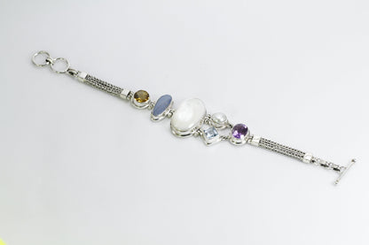 Multi Gems stones bracelet 7" inch 925 sterling silver foxtail chain