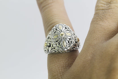 925 sterling silver ring Bali-inspired ornament art with 18K yellow gold layer