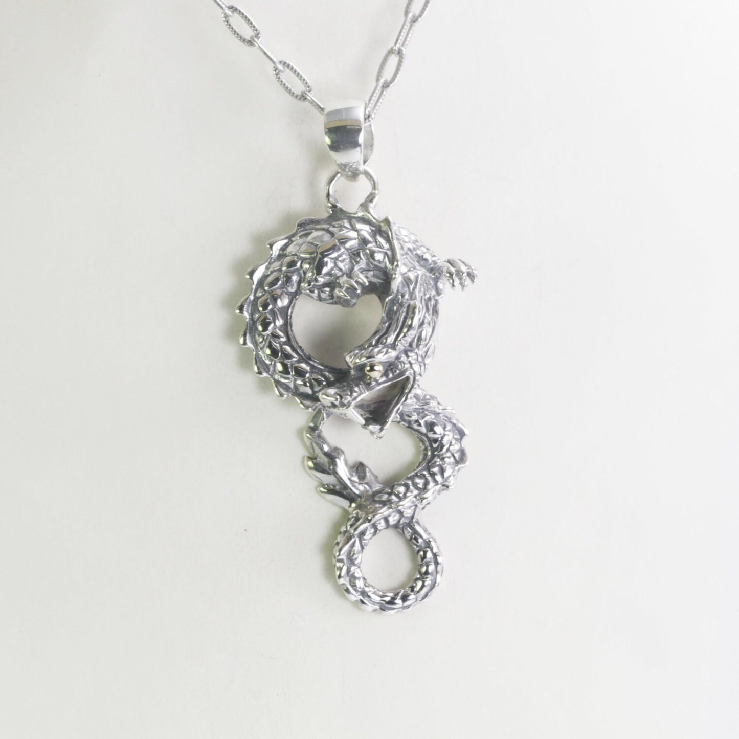 Realistic 925 sterling silver dragon necklace pendant decorated with 18K yellow gold on the eye, dragon pendant silver
