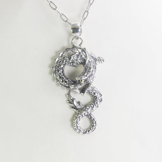 Realistic 925 sterling silver dragon necklace pendant decorated with 18K yellow gold on the eye, dragon pendant silver