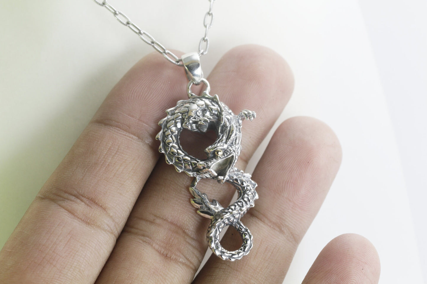 Realistic 925 sterling silver dragon necklace pendant decorated with 18K yellow gold on the eye, dragon pendant silver