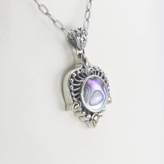 Paua shell necklace pendant set in 925 sterling silver decorated with 18K yellow gold accent and open work filigree