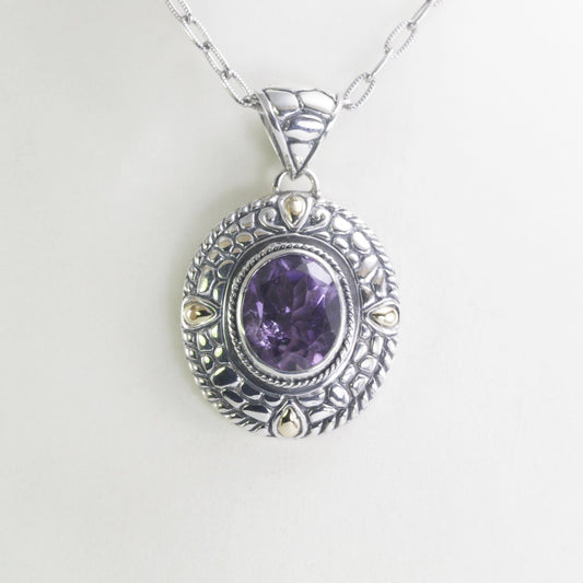 amethyst pendant necklace set in 925 sterling silver pendant decorated with cable ornament and 18K gold accent