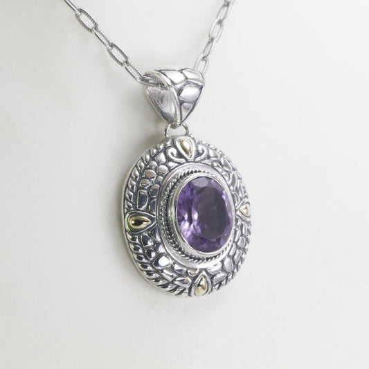amethyst pendant necklace set in 925 sterling silver pendant decorated with cable ornament and 18K gold accent