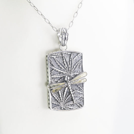 Octagon Pendant necklace 925 sterling silver decorated with 18K gold Dragonfly and Cannabis leaf ornament