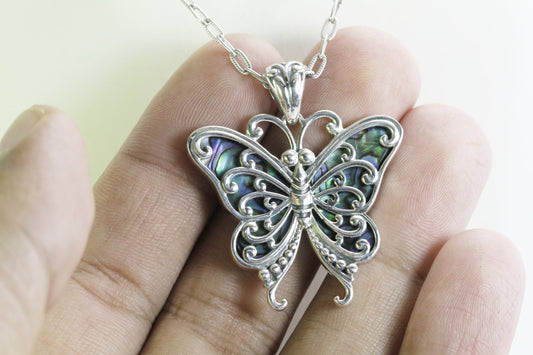 Butterfly pendant necklace 925 sterling silver decorated with Paua shell and filigree art