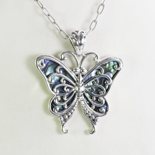 Butterfly pendant necklace 925 sterling silver decorated with Paua shell and filigree art