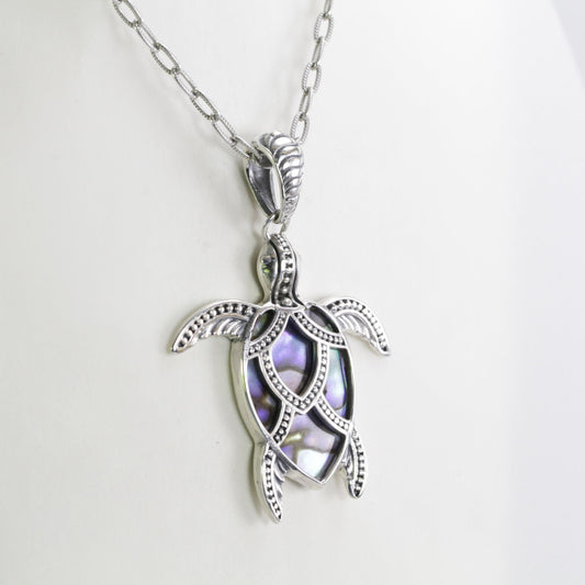 Turtle necklace pendant 925 sterling silver decorated with Abalone shell and filigree art dot