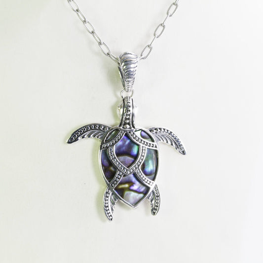 Turtle necklace pendant 925 sterling silver decorated with Abalone shell and filigree art dot