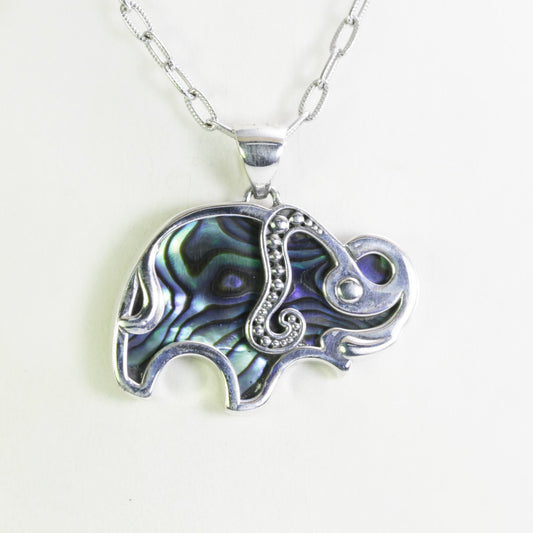Elephant pendant necklace 925 sterling silver decorated with Abalone shell and filigree art dot