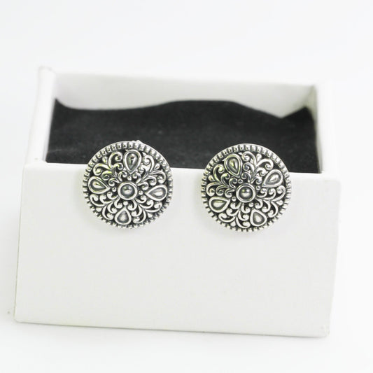 round earrings stud 925 sterling silver decorated with lotus flower ornament filigree art
