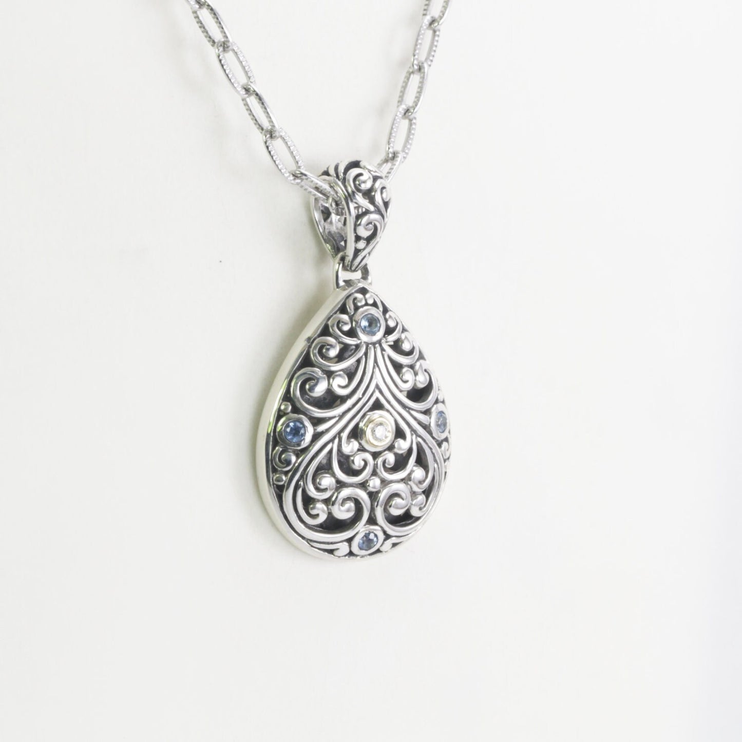 Teardrop pendant necklace 925 sterling silver decorated with filigree ornament , 18K gold accent and genuine round topaz