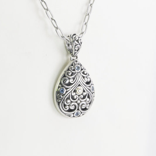 Teardrop pendant necklace 925 sterling silver decorated with filigree ornament , 18K gold accent and genuine round topaz