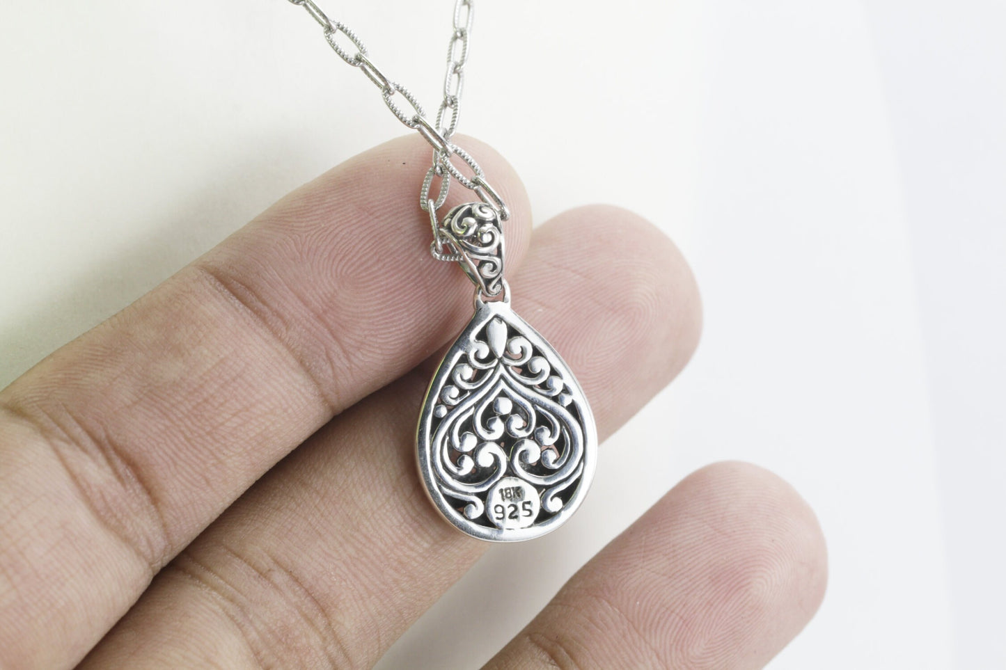 Teardrop pendant necklace 925 sterling silver decorated with filigree ornament , 18K gold accent and genuine round topaz