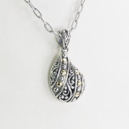 Tear drop pendant necklace 925 sterling silver with filigree ornament and 18 K yellow gold