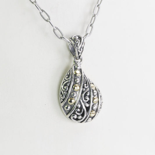 Tear drop pendant necklace 925 sterling silver with filigree ornament and 18 K yellow gold